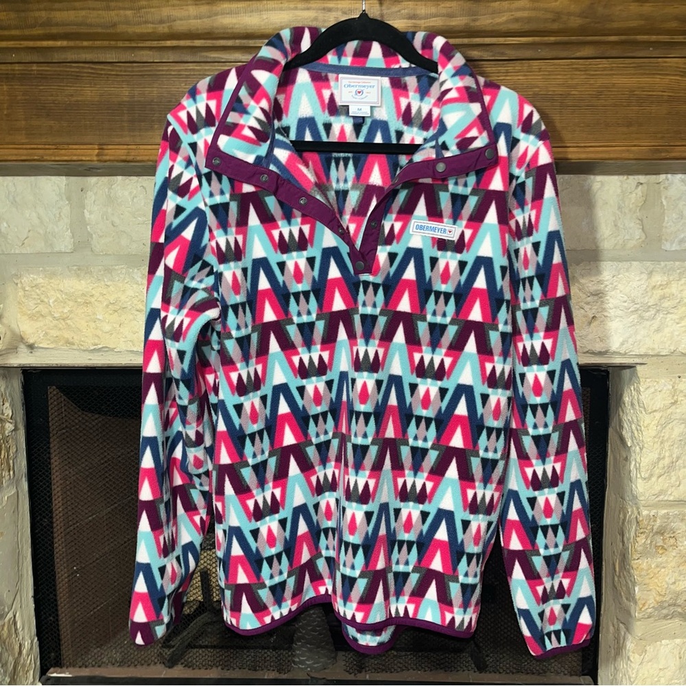 Obermeyer Boulder Fleece Pullover Womens M Aztec Geometric 1/4 Snap Jacket Pink